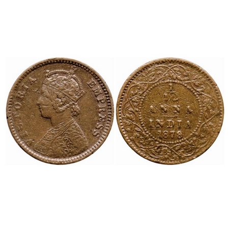 Victoria Empress, Copper 1/12 Anna,1878, Calcutta Mint, Obverse B, no mint mark. GK 891. V