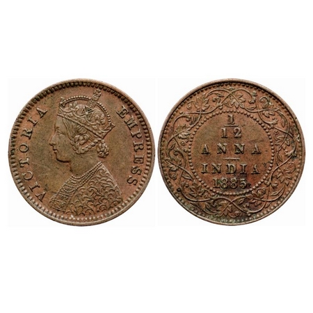 Victoria Empress, Copper 1/12 Anna, 1885, Calcutta Mint, Obverse 'B', No mint mark. GK 900
