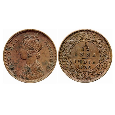 Victoria Empress, Copper 1/12 anna, 1886, Calcutta Mint, Obverse 'B', 'C' incused. GK 902.