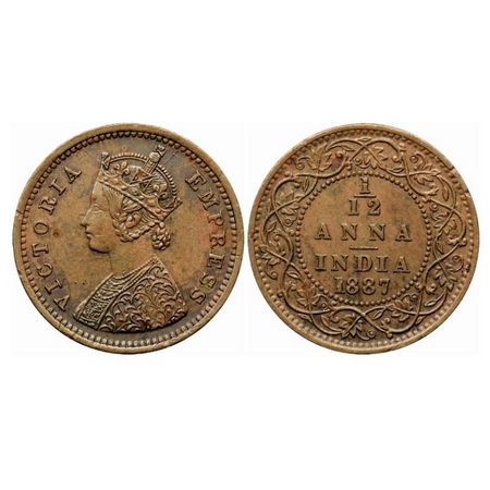 Victoria Empress, Copper 1/12 Anna, 1887, Bombay Mint, Obverse 'A', No mint mark, Die crac