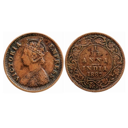 Victoria Empress, Copper 1/12 Anna,1887, Bombay Mint, Obverse A, No mint mark. GK 904. Abo