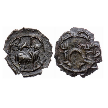Pallavas of Kanchi, Bronze Unit, 1.36gm 15.45mm, Obv: Bull standing facing to right 'Sribh