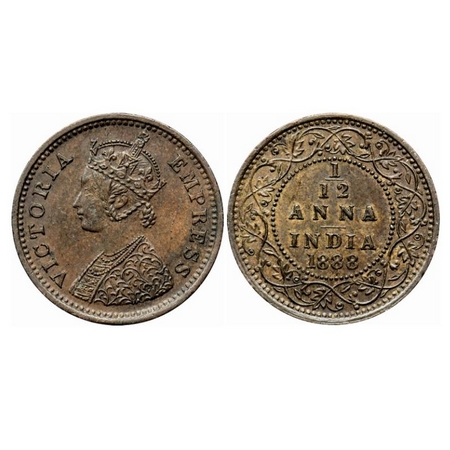 Victoria Empress, Copper 1/12 Anna, 1888, Bombay Mint, Obverse 'A', No mint mark. GK 907. 