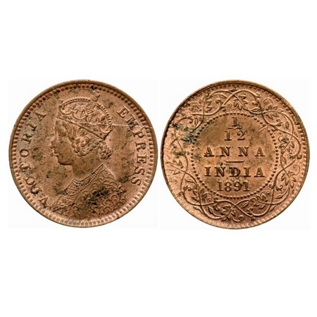 Victoria Empress, Copper 1/12 Anna, 1891, Calcutta Mint, Obverse 'B', No mint mark, Planch