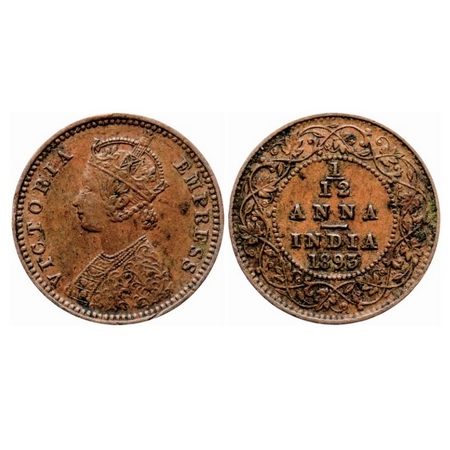Victoria Empress, Copper 1/12 Anna,1893, Calcutta Mint, Obverse B, No mint mark. GK 914. E