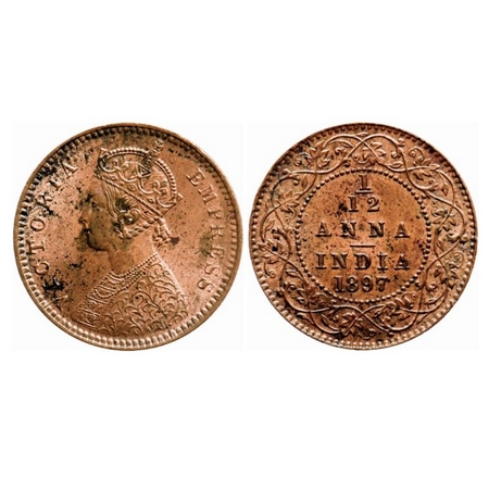 Victoria Empress, Copper 1/12 Anna,1897, Calcutta Mint, Obverse B, No mint mark, Ghost on 