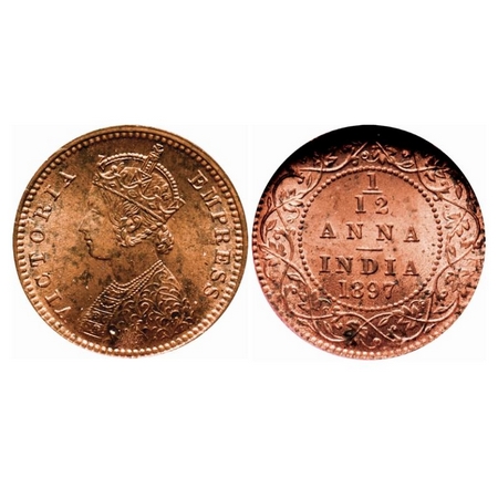 Victoria Empress, Copper 1/12 Anna, 1897, Calcutta Mint, Obverse 'B' , No mint mark. GK 91