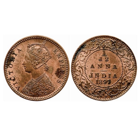 Victoria Empress, Copper 1/12 Anna,1897, Calcutta Mint, Obverse B, No mint mark, Multiple 