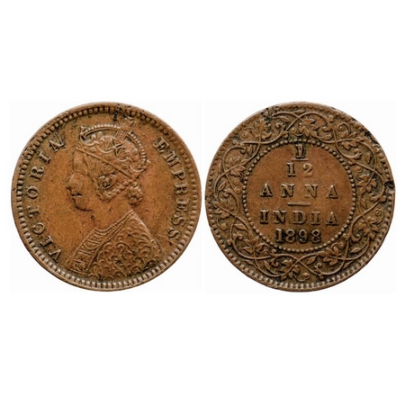 Victoria Empress, Copper 1/12 Anna,1898, Calcutta Mint, Obverse B, No mint mark, Ghost on 