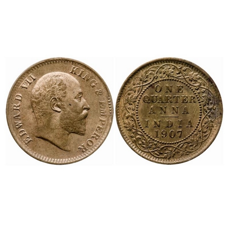 Edward VII, Bronze, Quarter Anna, 1907, Calcutta Mint, No mint mark, Ghost on rev. GK 999.