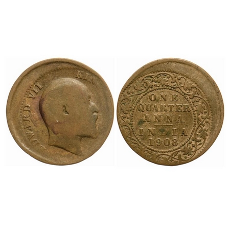 Edward VII, Bronze, Quarter Anna, 1908, Error 20% Off center. GK 1000. Fine. Very scarce.