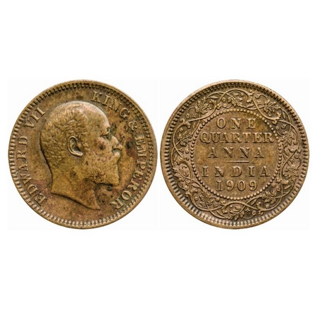 Edward VII, Bronze, Quarter Anna, 1909, Calcutta Mint, No mint mark, Die crack on rev. GK 