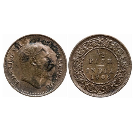 Edward VII, Bronze, 2.36gm, 1/2 Pice, 1906, Calcutta Mint, No mint mark, Ghost on rev. GK 