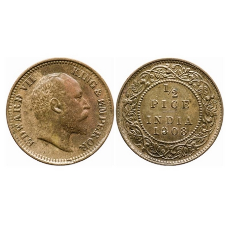 Edward VII, Bronze, 1/2 Pice, 1908, Calcutta Mint, No mint mark. GK 1009. Almost Uncircula