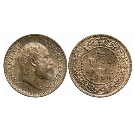 Edward VII, Bronze, 1/2 Pice, 1909, Calcutta Mint, No mint mark, Ghost on obv and rev. GK 
