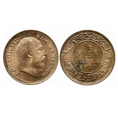 Edward VII, Bronze, 1/2 Pice, 1910, Calcutta Mint, No mint mark. GK 1011. Uncirculated Det