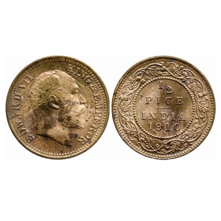 Edward VII, Bronze, 1/2 Pice, 1910, Calcutta Mint, No mint mark, Ghost on obv and rev. GK 