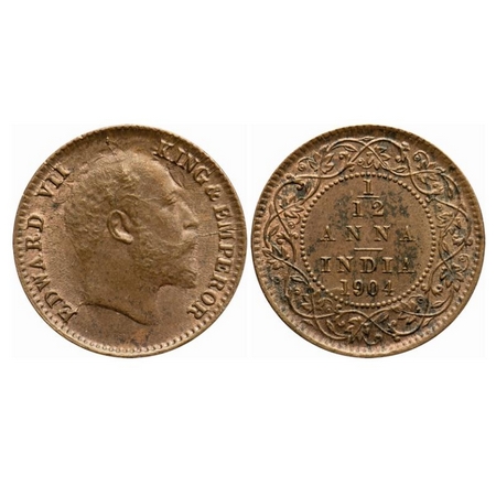 Edward VII, Copper, 1/12 Anna, 1904, Calcutta Mint, No mint mark, Multiple die cracks on o