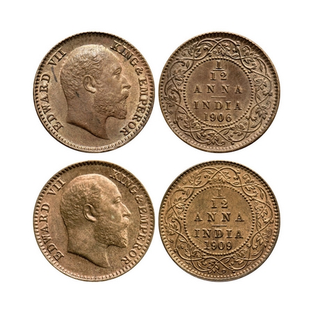 Edward VII, Mix Metal, 1/12 Anna (2 coins), 1906, Copper, 1909, Bronze, Calcutta Mint, No 