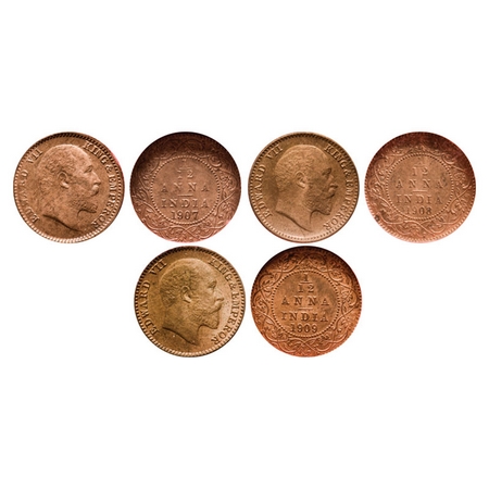 Edward VII, Bronze, 1/12 Anna (3 slabs), 1907, 1908, 1909, Calcutta Mint, No mint mark. GK
