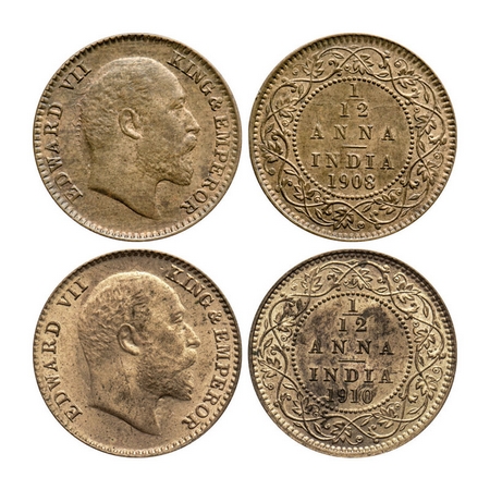Edward VII, Bronze, 1/12 Anna (2 coins), 1908, Calcutta Mint, No mint mark, Die crack on r