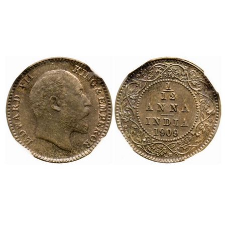 Edward VII, Bronze, 1/12 Anna, 1909, Calcutta Mint, No mint mark, Die cracks on obv. GK 10
