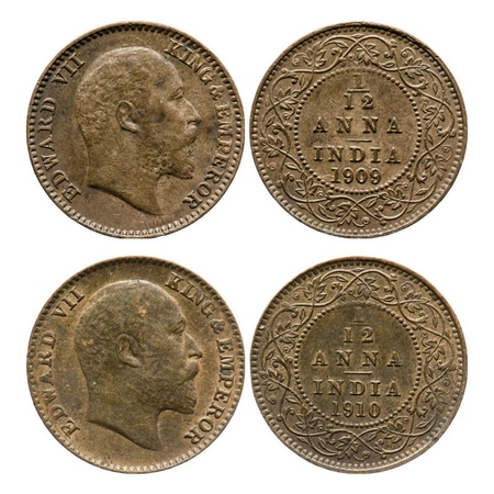 Edward VII, Bronze, 1/12 Anna (2 coins), 1909, 1910, Calcutta Mint, No mint mark. GK 1019,