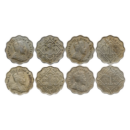 Edward VII, Copper-Nickel, 1 Anna (4 coins), 1907, 1908, 1909, 1910, Bombay Mint, 'B' incu