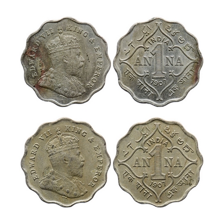 Edward VII, Copper-Nickel, 1 Anna (2 coins), 1907, Bombay Mint, 'B' incused. GK 990. Very