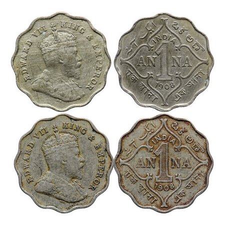 Edward VII, Copper-Nickel, 1 Anna (2 coins), 1908, Bombay Mint, 'B' incused. GK 991. About
