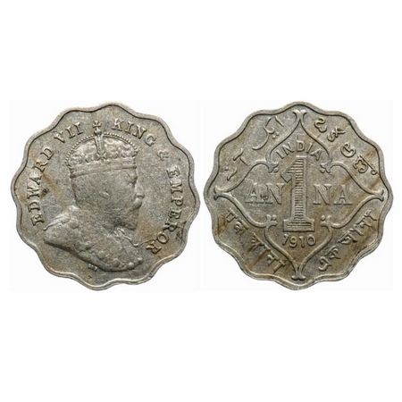 Edward VII, Copper-Nickel, 1 Anna, 1910, 'B' incused below the corss pattee of the crown,