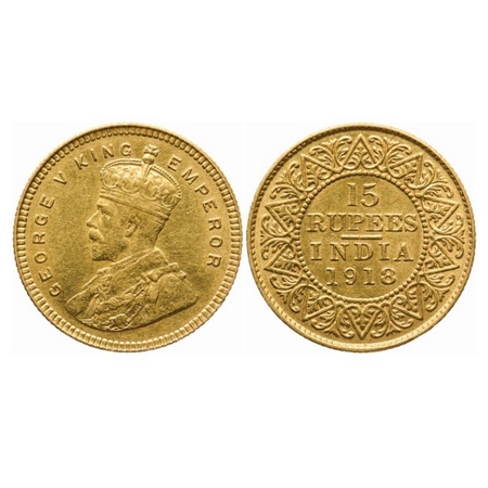 George V, Gold, 15 Rupees, 1918. B.M. in relief on the truncation of the shoulder. F.Prid.