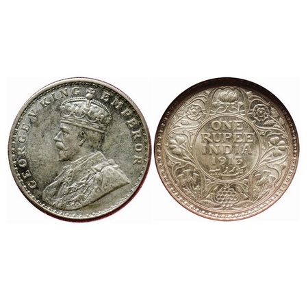 George V, Silver, Rupee, 1913, Bombay Mint, Dot. GK 1028. NGS Slabbed AMS 50+. Scarce.