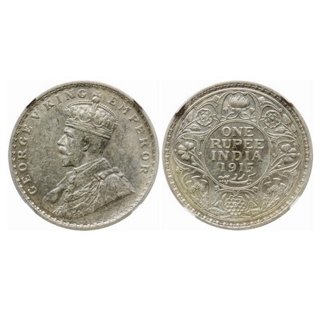 George V, Silver, Rupee, 1915, Calcutta Mint, No dot. GK 1031. NGC Slabbed AU Details. Ver