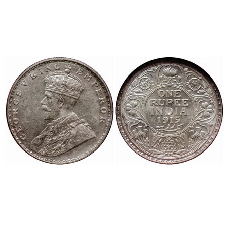George V, Silver, Rupee, 1915, Bombay Mint, Dot. GK 1032. NGS Slabbed AMS 58. Very Scarce.