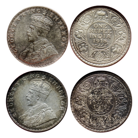 George V, Silver, Rupee (2 coins), 1918, Bombay Mint, Dot, Ghost image on obv and rev, 191