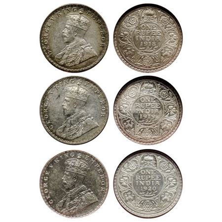 George V, Silver, Rupee (3 coins), 1918, 1919, Bombay Mint, Dot, 1920, Calcutta Mint, No d