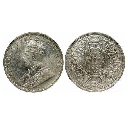 George V, Silver, Rupee, 1921, Bombay Mint, Dot. GK 1043. NGC Slabbed. MS 63. Rare.