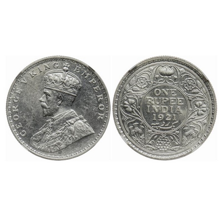 George V, Silver, Rupee, 1921, Bombay Mint, Dot. GK 1043. NGC Slabbed. MS 62. Rare.