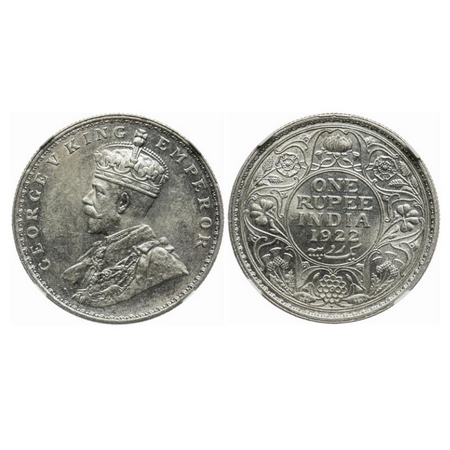 George V, Silver, Rupee, 1922, Bombay Mint, Dot. GK 1044. NGC Slabbed. MS 62. Rare.