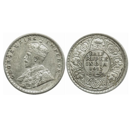 George V, Silver, Half Rupee, 1913, Calcutta Mint, No dot. GK 1048. Very Fine+. Very Scarc