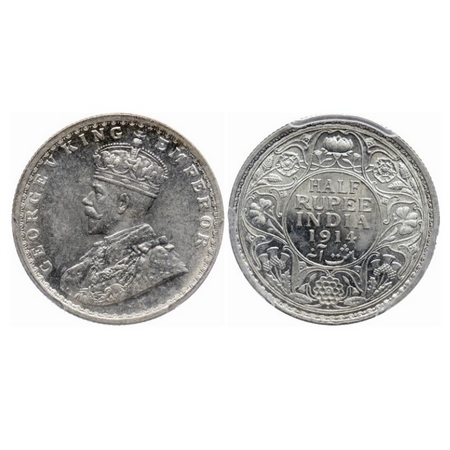 George V, Silver, Half Rupee, 1914, Bombay Mint, Dot. GK 1051. PCGS Slabbed. MS 64. Extrem