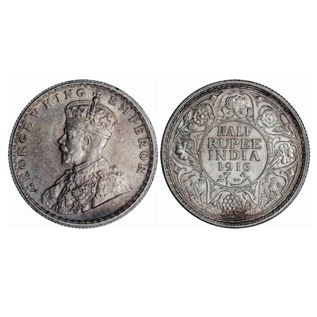 George V, Silver, Half Rupee, 1916, Calcutta Mint, No dot. GK 1053. Uncirculated. Very Sca