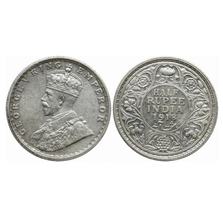 George V, Silver, Half Rupee, 1918, Bombay Mint, Dot. GK 1056. About Uncirculated. Scarce.