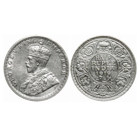 George V, Silver, Half Rupee, 1919, Bombay Mint, Dot. GK 1057. Uncirculated. Very Scarce.