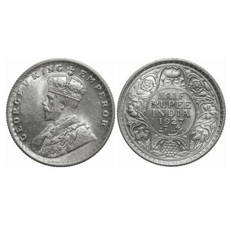 George V, Silver, Half Rupee, 1927, Calcutta Mint, No dot, Die crack on rev. GK 1069. Unci