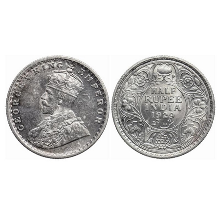 George V, Silver, Half Rupee, 1929, Calcutta Mint, No dot. GK 1071. Uncirculated. Very Sca