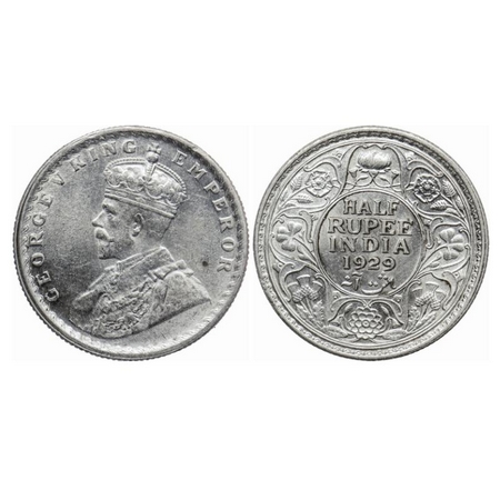 George V, Silver, Half Rupee, 1929, Calcutta Mint, No dot. GK 1071. Uncirculated, Details.