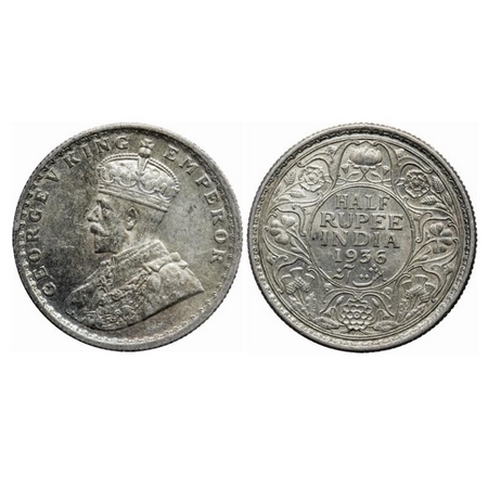 George V, Silver, Half Rupee, 1936, Calcutta Mint, No dot. GK 1075. Uncirculated. Scarce.