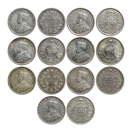 George V, Silver, 1/4 Rupee (7 coins), 1912, Calcutta Mint, No dot, 1916, Calcutta Mint, N